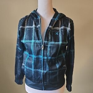 Hurley Black and Teal Plaid Zip Hoodie